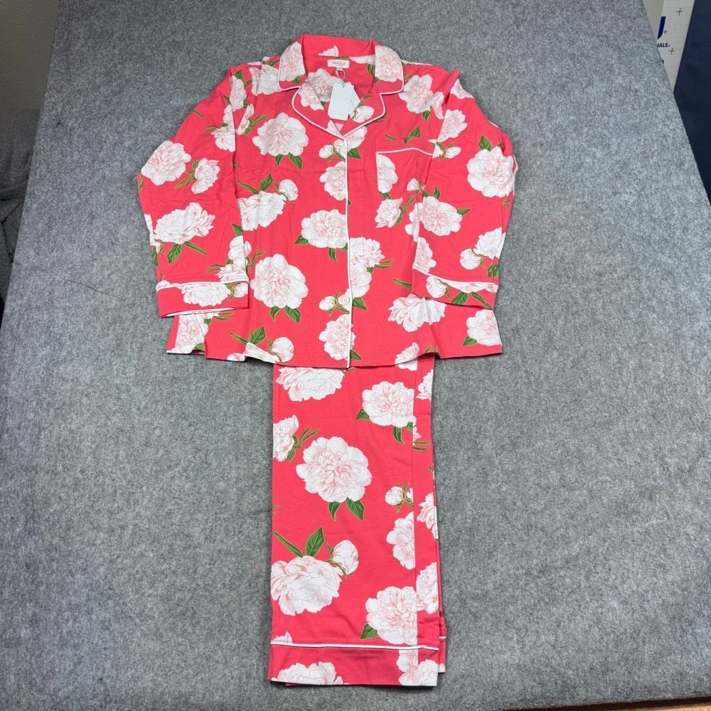 Bed Head Pajamas Women's Size M Coral Peony Print Long Sleeve Pajama Set NEW